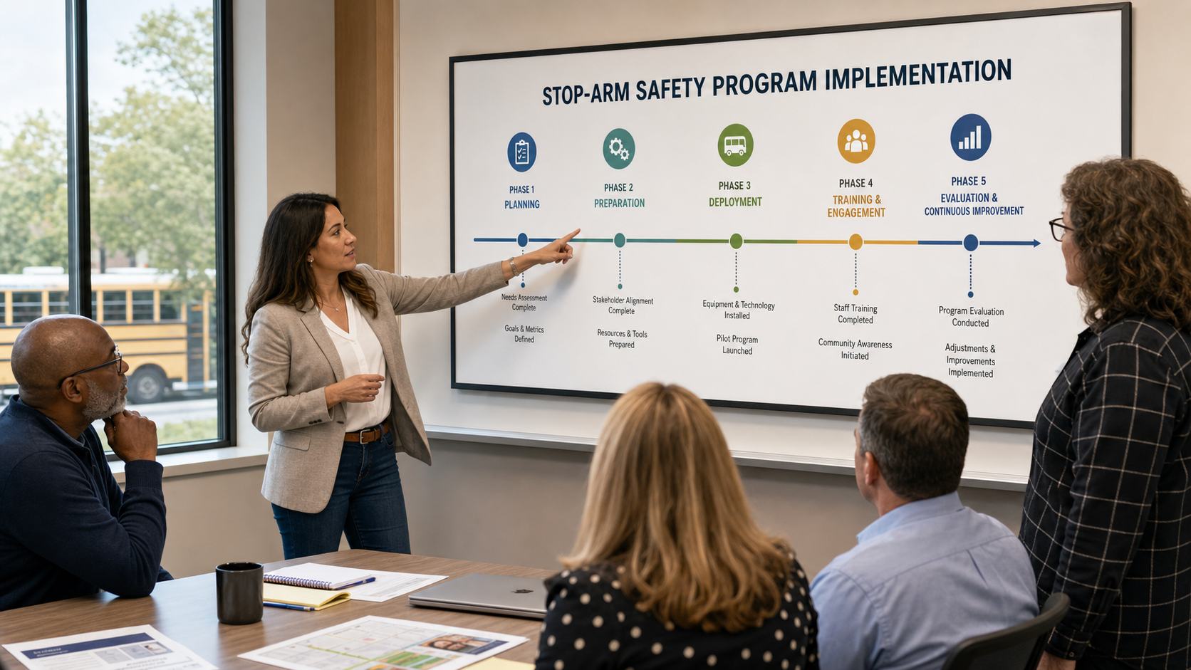 A program manager points to a stop-arm safety implementation roadmap while school district stakeholders review the plan.