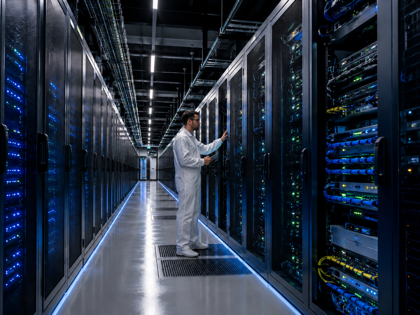 Engineer inspecting equipment inside the AngelTrax secure data center.