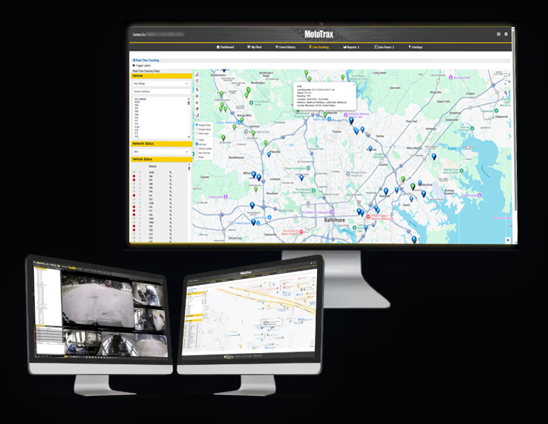 MotoTrax live tracking map with vehicle filters, network status, and fleet location pins.