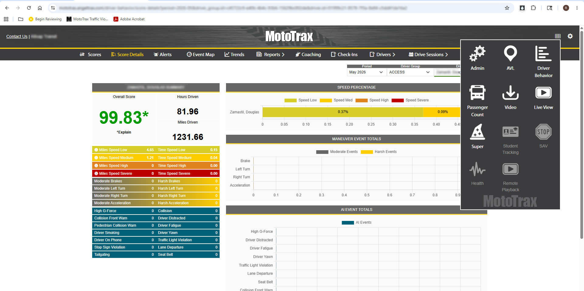 MotoTrax driver behavior dashboard with score details and event reporting.