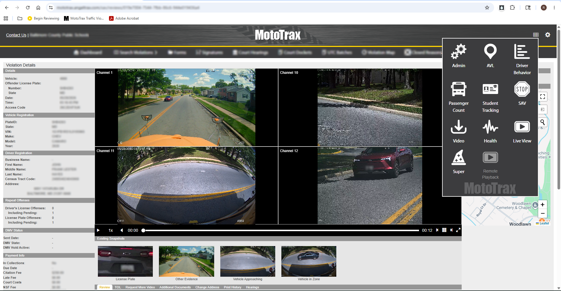 MotoTrax Central Command stop-arm violation review workspace.