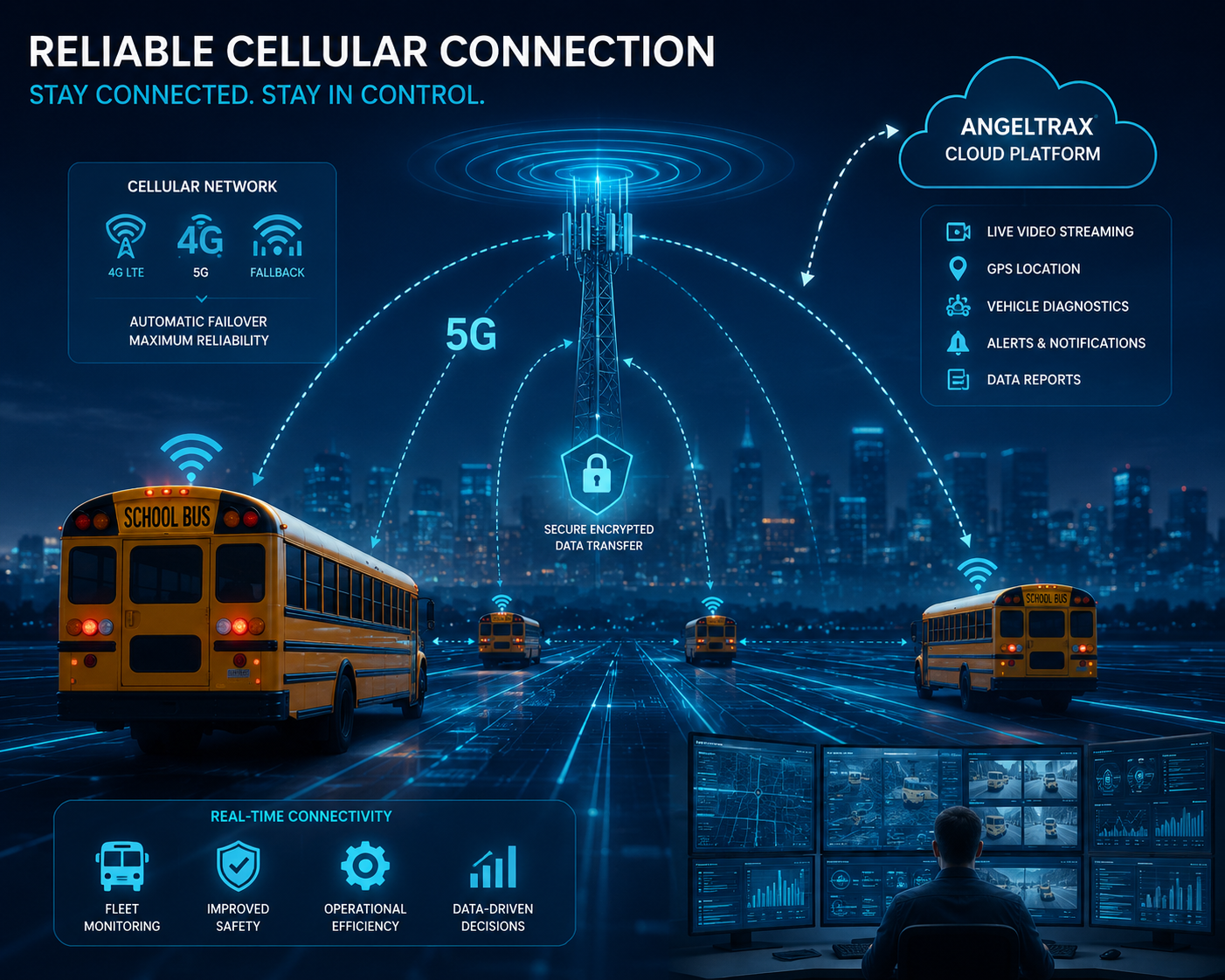 Reliable cellular connection diagram showing secure school bus fleet monitoring through the AngelTrax cloud platform.