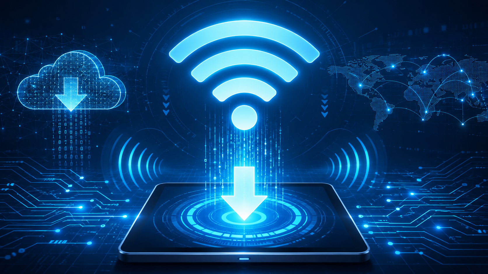Wi-Fi download and cloud connectivity illustration for automated fleet video transfers.