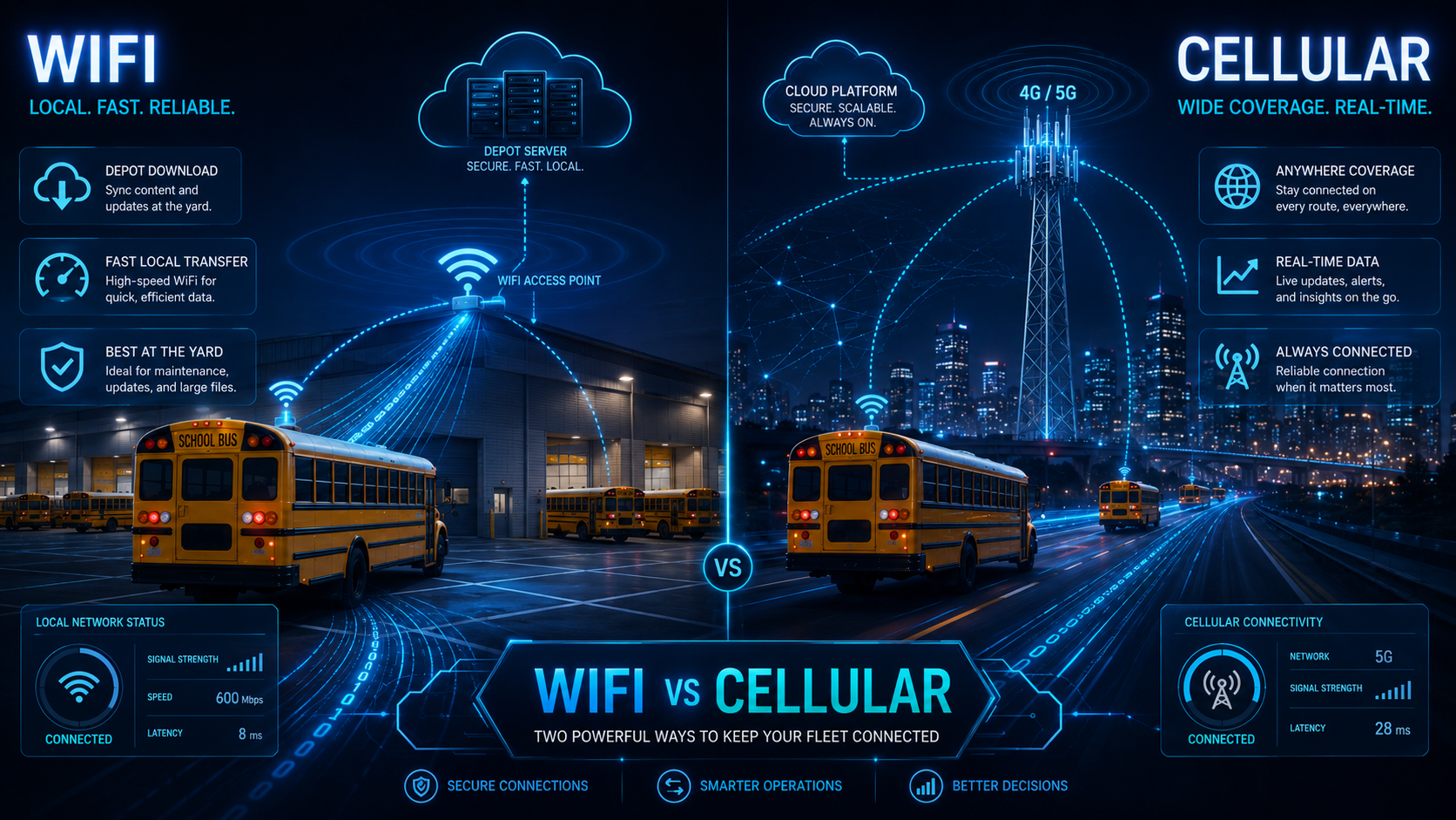 Comparison of Wi-Fi depot downloads and cellular real-time fleet connectivity for school buses.