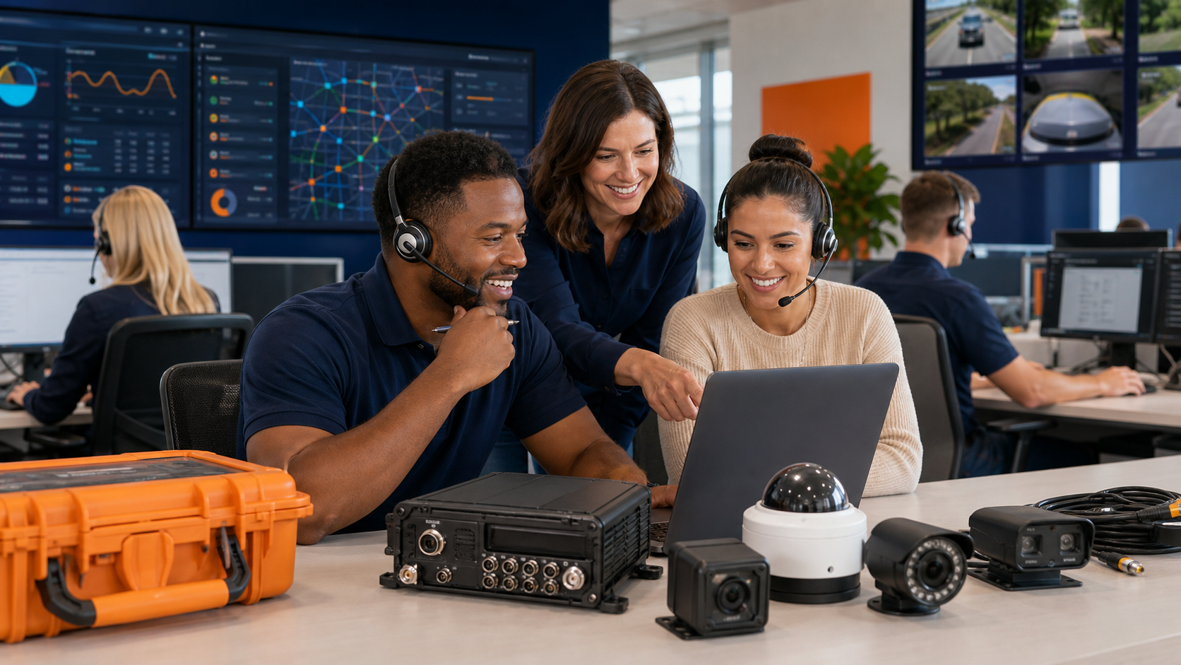 Smiling AngelTrax support teammates collaborating near product hardware.