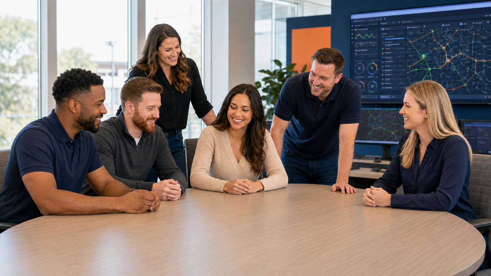 AngelTrax team members collaborating in a technology office.
