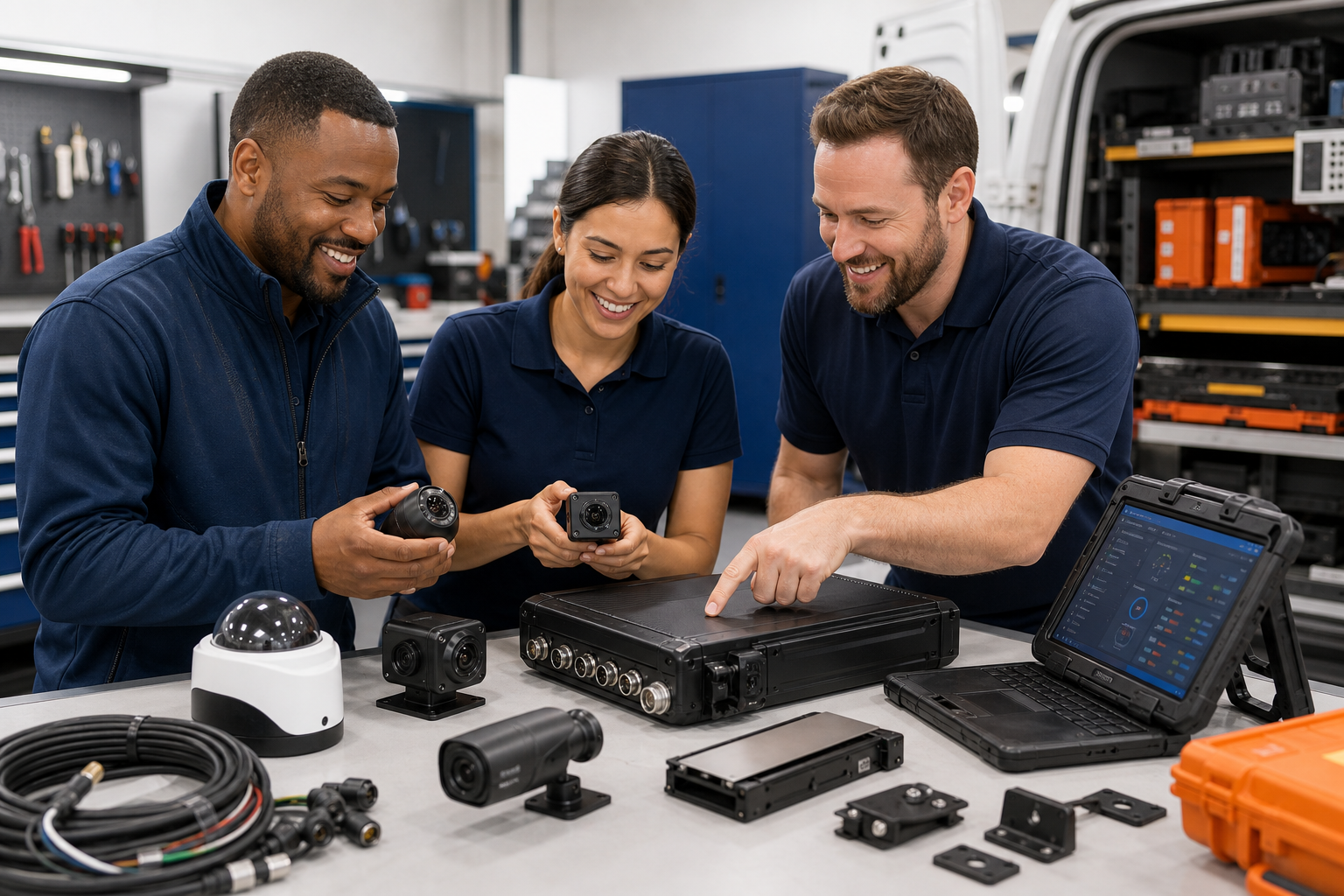 Smiling AngelTrax technical teammates reviewing vehicle safety technology together.