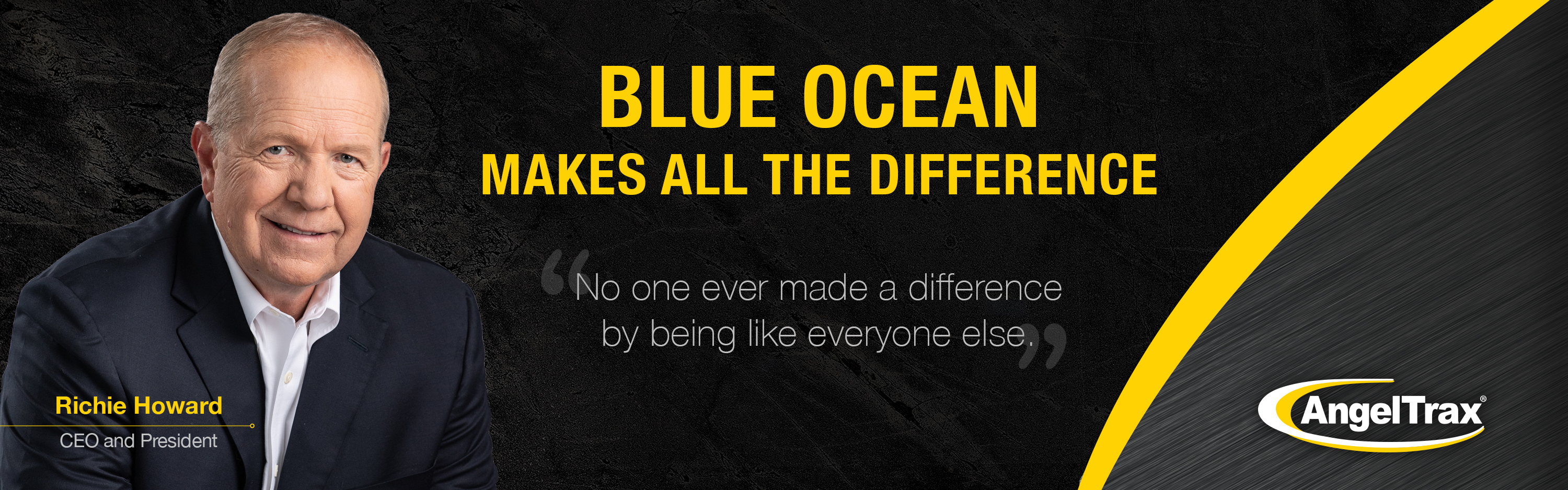 photo of CEO on banner reading 'blue ocean makes all the difference'