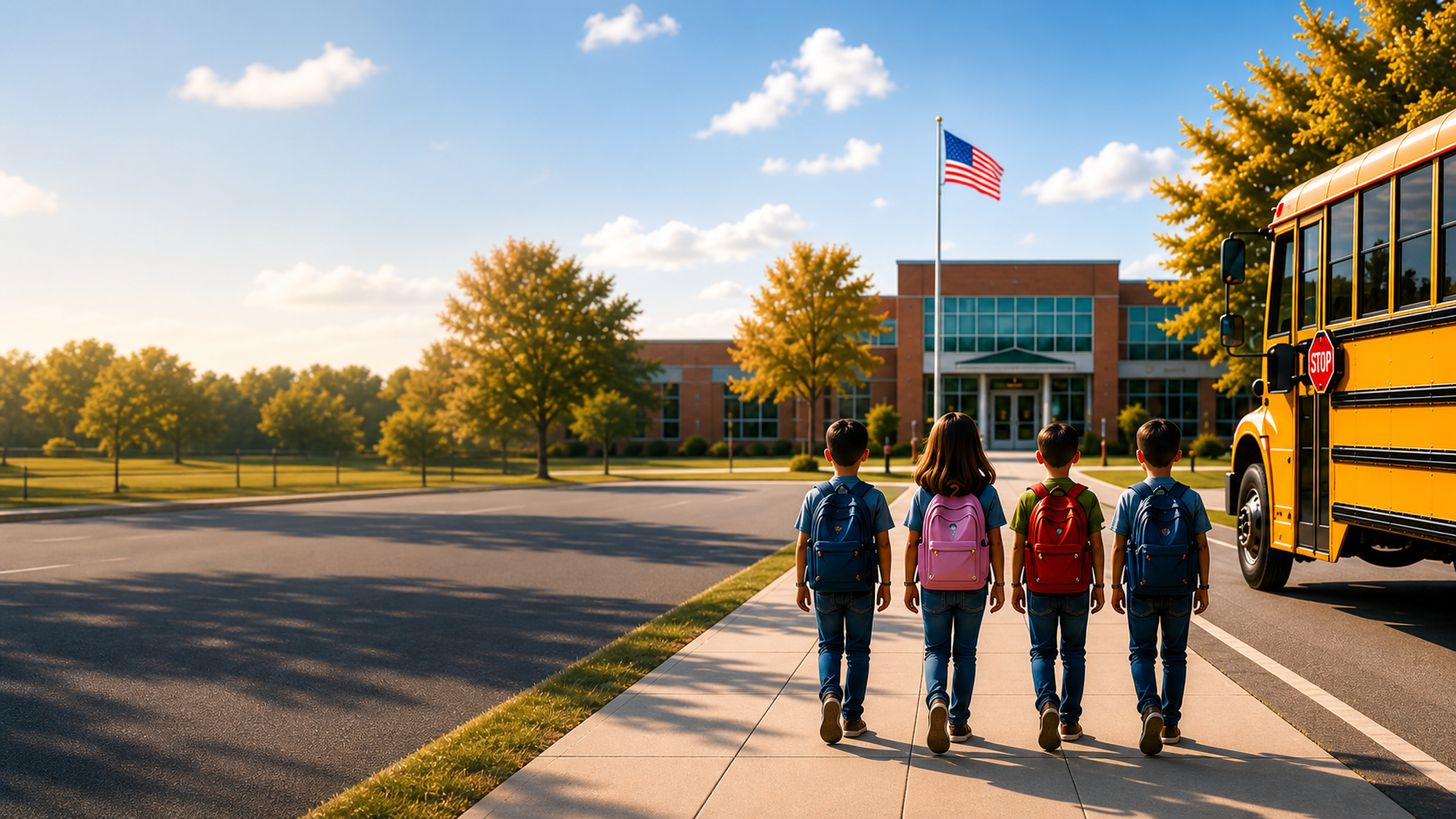 Students walking safely toward a school beside a school bus with its stop arm extended.
