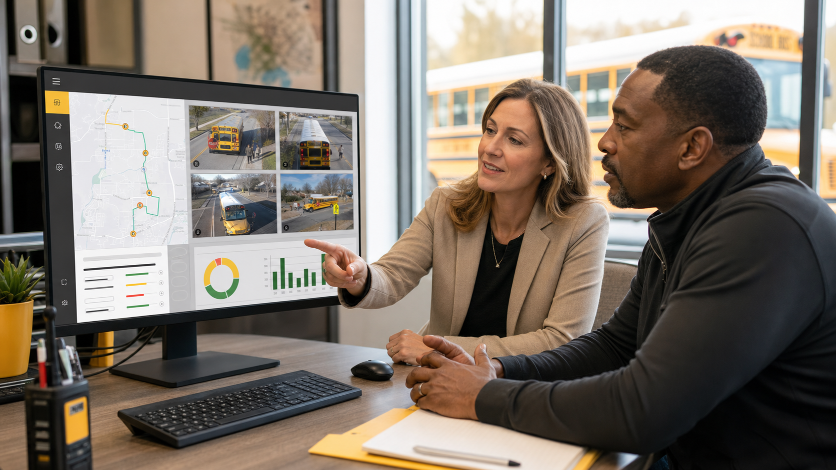 School transportation partners review an open program dashboard and synchronized bus evidence