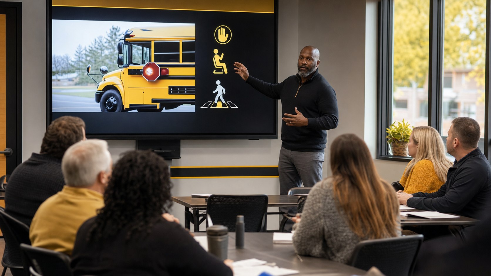 School transportation administrator presenting a stop-arm safety awareness program