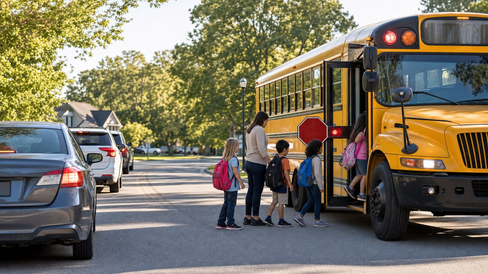 Children boarding a stopped school bus while nearby motorists remain stopped at a safe distance