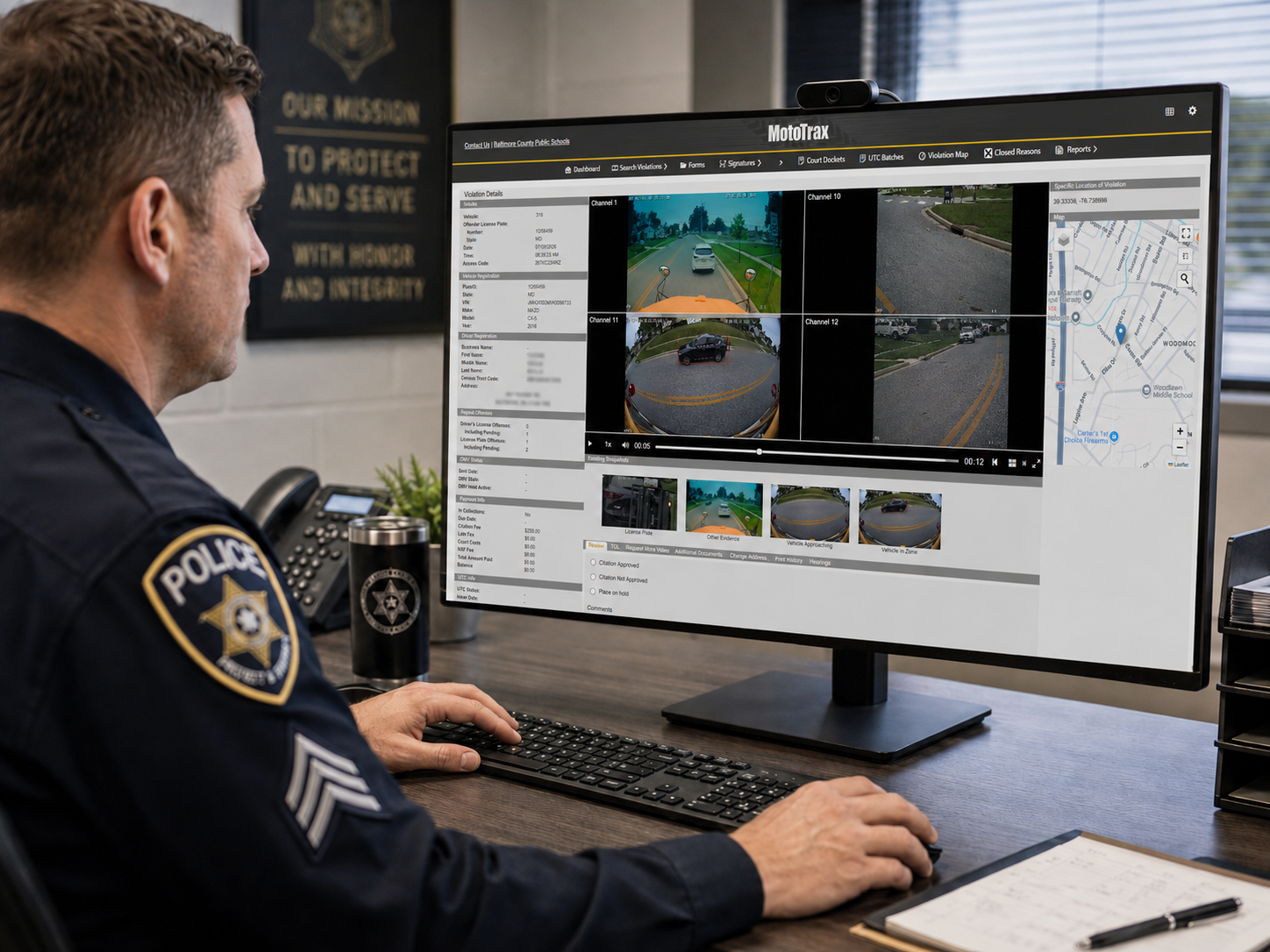 Police officer reviewing synchronized school bus stop-arm violation video and route evidence in MotoTrax.