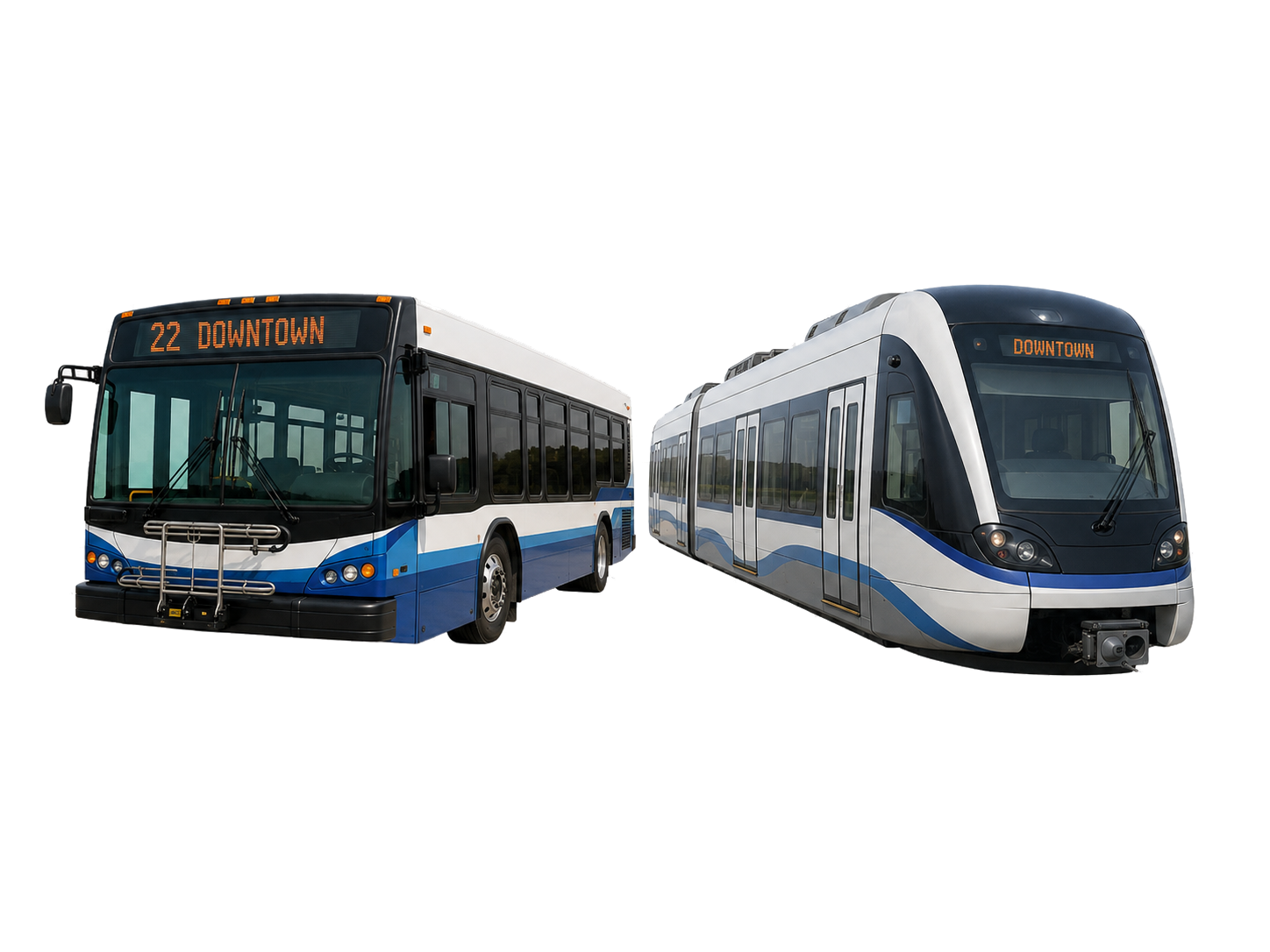 Transit bus and light rail train representing AngelTrax Transit and Rail video surveillance solutions.