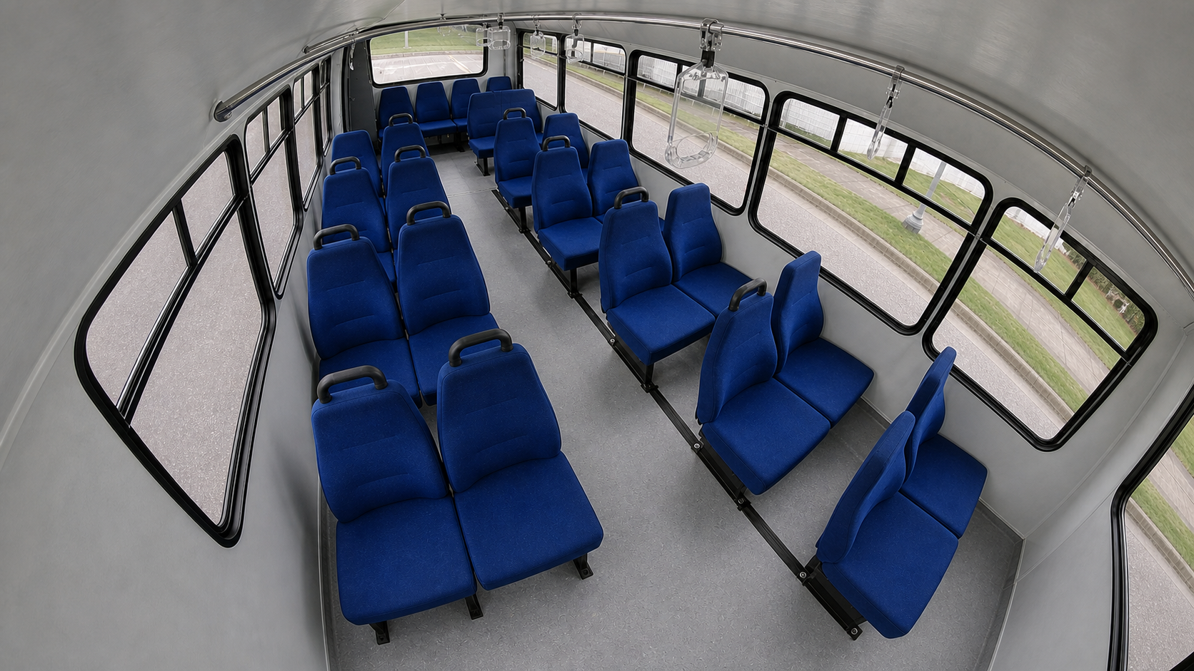 Restored and sharpened C1 wide-angle transit interior view showing the complete empty passenger seating field and aisle.