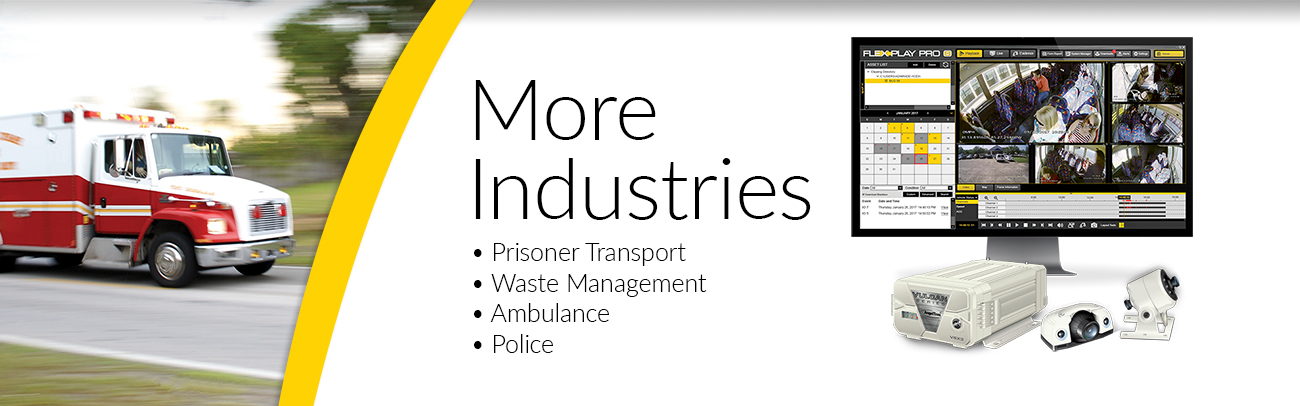 Banner displaying an emt truck, a monitor with pro 8, reading more industries: prisoner transport, waste management, ambulance, police