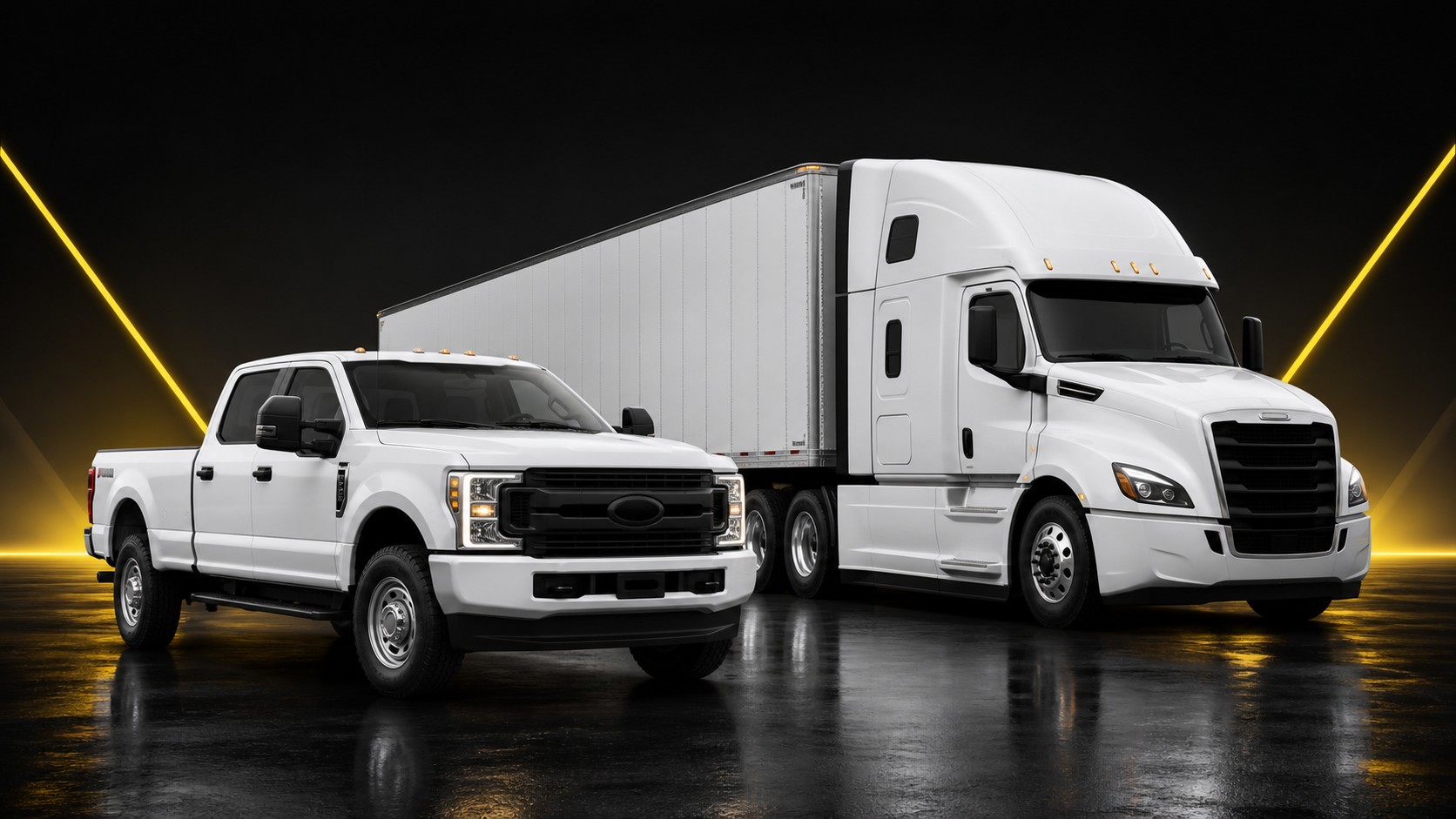 White pickup truck and 18-wheeler showing recommended fleet camera configuration coverage for trucks and big rigs.
