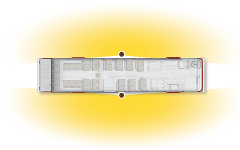 diagram of a bus showing the effective range of the exterior parallax camera, each side completely covered by a camera