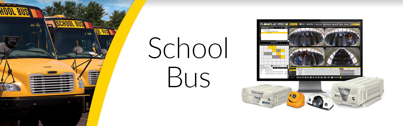 Banner displaying a fleet of school buses and a monitor with pro 8 cms surrounded by angeltrax products