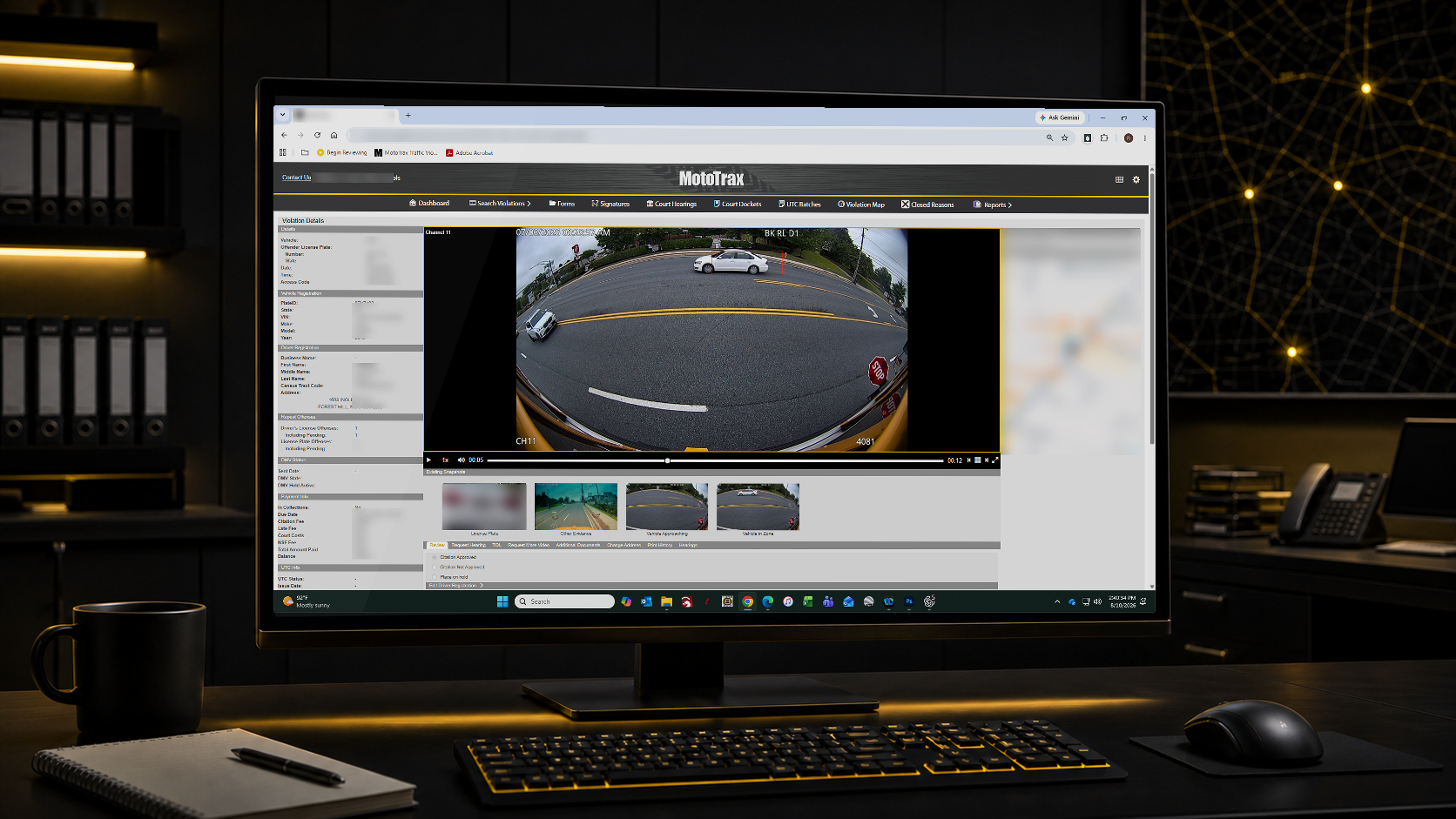 MotoTrax Central Command stop-arm evidence review screen set into a workstation monitor.